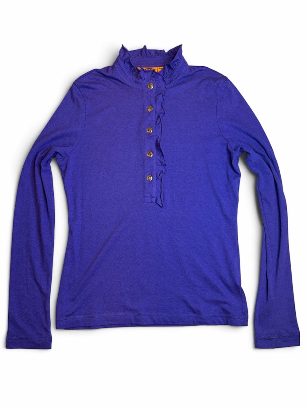 Tory Burch Lidia Long Sleeve Ruffle Polo Shirt Royal Purple Pima Cotton Size M